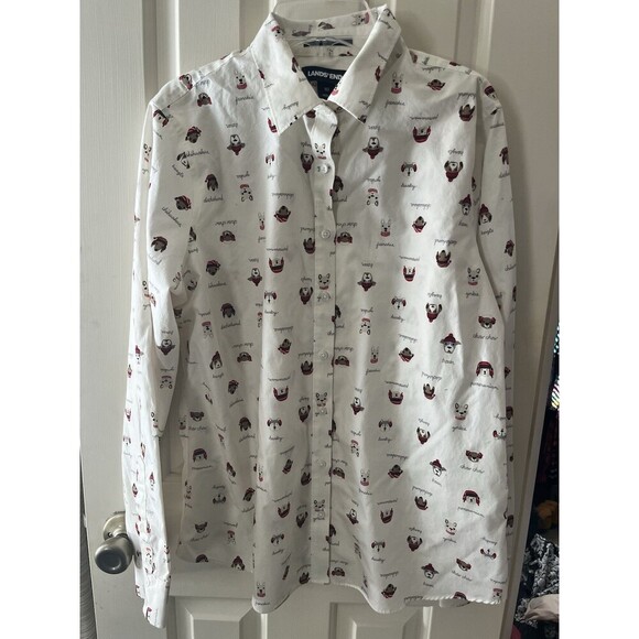 Lands’ End Winter Dogs Christmas Dogs Print White Buttoned Shirt Women's Sz 10 - Picture 1 of 6